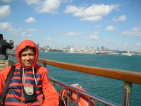 2017.10.02 On an open top deck of a ferry from the Asian part of Istanbul (Turkey) back to its European it is quite windy.