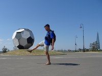2021.07.11 The giant “cardboard” soccer ball by the “Saint Petersburg” stadium, an attempt to kick. 😁