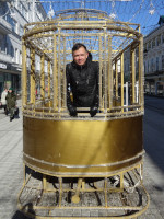 2022-03-16. The “carriage driver” of the “Golden” Tram on Bolshaya Pokrovskaya Street in Nizhny Novgorod (Russia), the front view when the carriage itself is almost invisible.