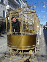 2022-03-16. The “carriage driver” of the “Golden” Tram on Bolshaya Pokrovskaya Street in Nizhny Novgorod (Russia), a slightly side view so that the carriage itself is better visible.