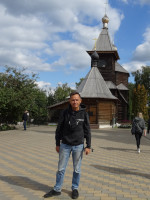 2022-09-11. In Murom (Vladimir region, Russia), on the territory of the Holy Trinity Female Monastery, in front of the brought to it wooden Church of Saint Sergius of Radonezh.