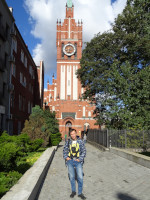 2022-10-09. In front of the Church of the Holy Family (Kirche zur Heiligen Familie, 1904 – 1907) in Kaliningrad (Königsberg), Russia.