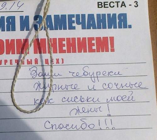 Ваши чебуреки жирные и сочные как сиськи моей жены! (Московская обл., г. Королёв)