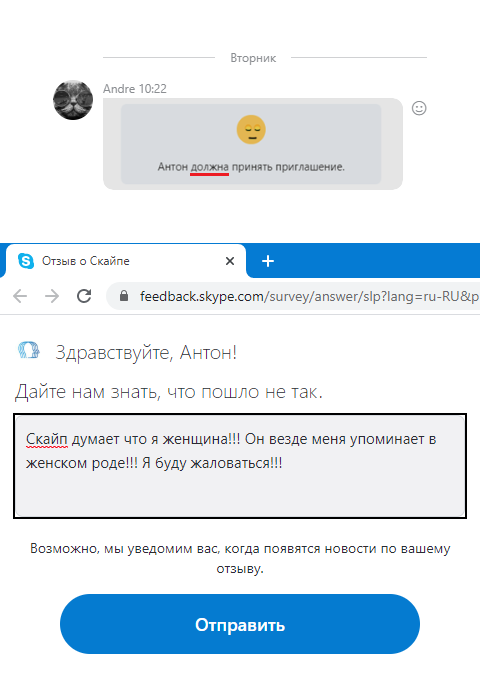 Skype думает, что Антон – женщина