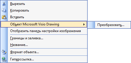 Контекстное меню встроенного в документ Microsoft Word векторного рисунка (объекта) Microsoft Visio