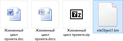 Документы Microsoft Word в форматах .doc, .docx и .zip, а также извлечённый из последнего OLE-объект