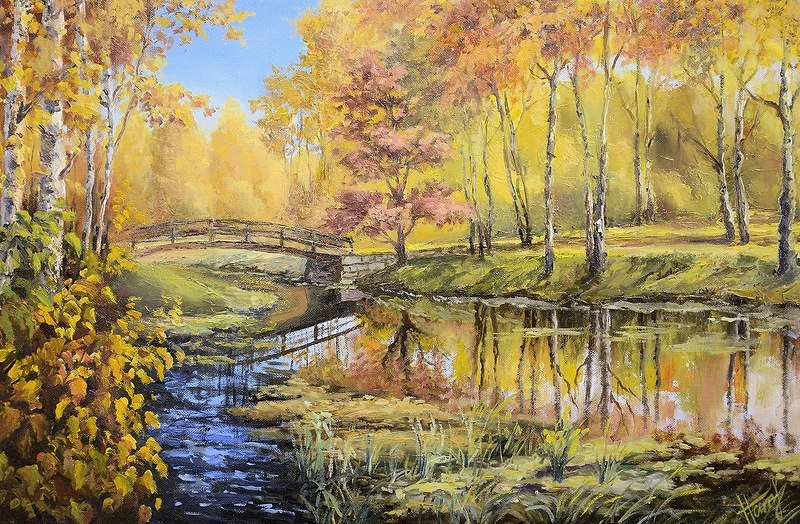 River in Autumn Forest 
(canvas of 50 x 40 cm, oil painting; year of 2015)