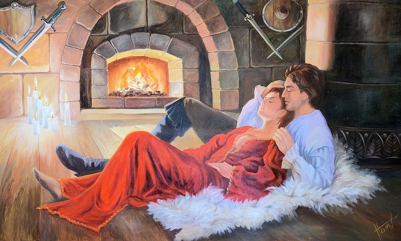 Романтика у камина 
(стена 200 х 120 см, роспись маслом; 2015 год)