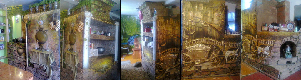 Swedish Stove & Fireplace 
(size of 200 x 200 cm; decorative stone, bas-relief of heat-resistant mix; year of 2013)
