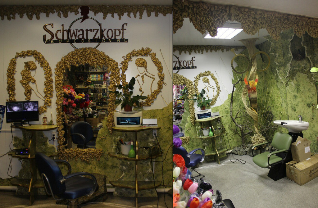 “Tatiana” Hairdresser's Interior Decoration
(wall of 400 x 270 cm, wood particle board, fiberboard painted as malachite, natural materials, volume relief fragments, paint; years of 2008-09)