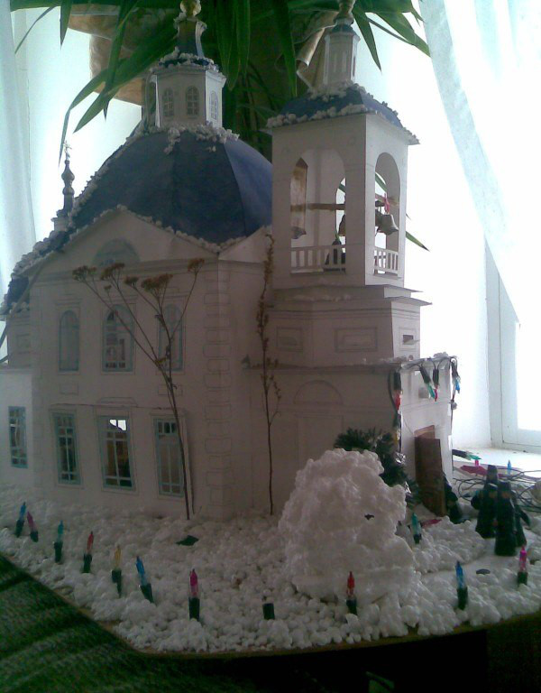 Temple Model 
(square of 100 x 80 cm, height of 80 cm; Whatman, foam plastic, figures of plasticine, colors; year of 2007)