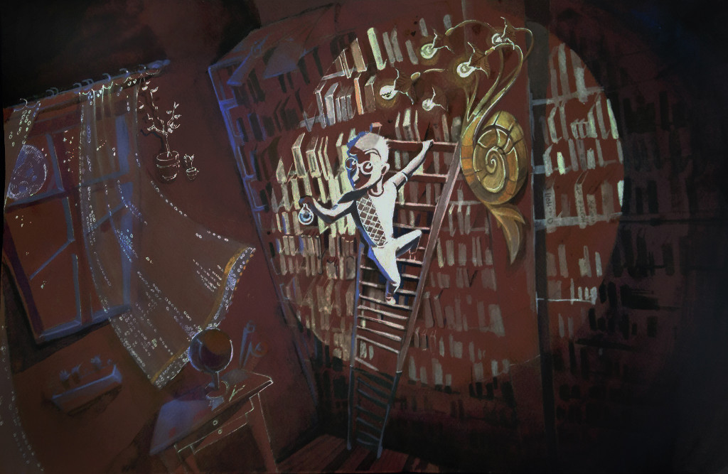 Scene for the “Evening in Library” Movie 
(paper, tempera, gel pen)
