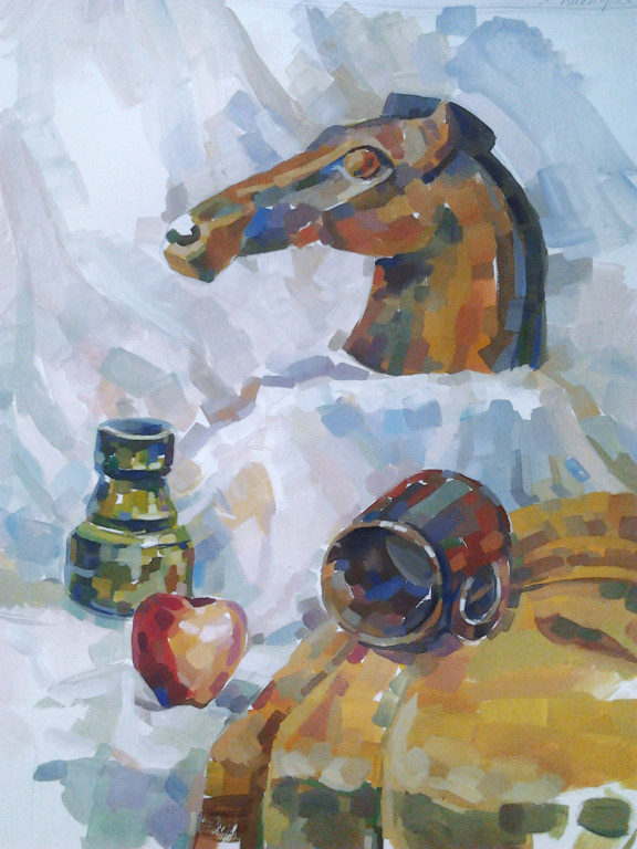 Exam Still-Life 
(paper, tempera, acrylic)