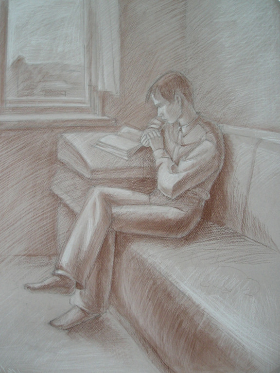 2006.05.31 Portrait of the reading me, step 3: drawing from the photograph, with hatching. 
© 2006 Diana Kozintseva