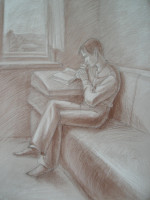 2006.05.31 Портрет читающего меня, шаг 3: рисунок по фотографии, со штриховкой. 
© 2006 Диана Козинцева