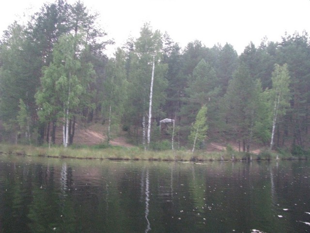 Озеро Светлое. Место дислокации, вид с лодки – лес на фоне белого тента.